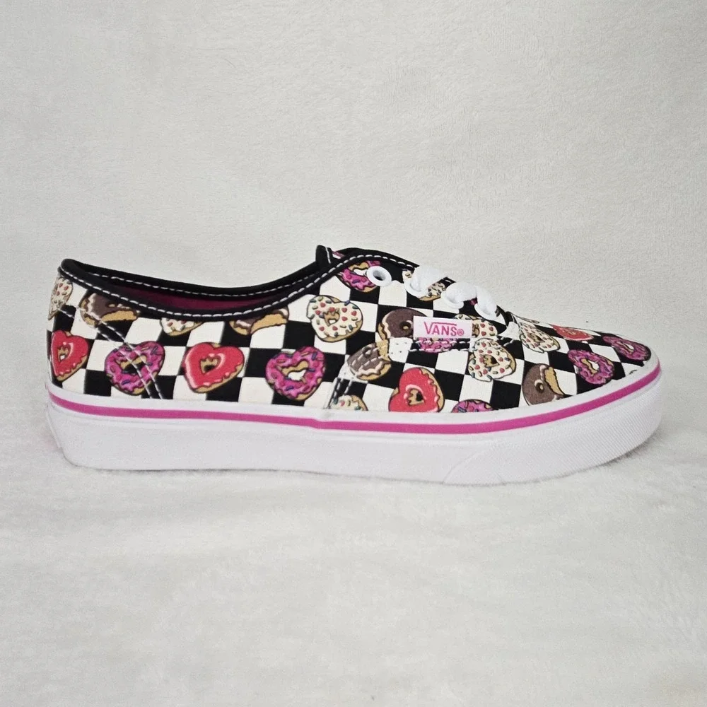 Vans Shoes Kids 3 Black White Pink Donut Heart Checkerboard Low Top Skater